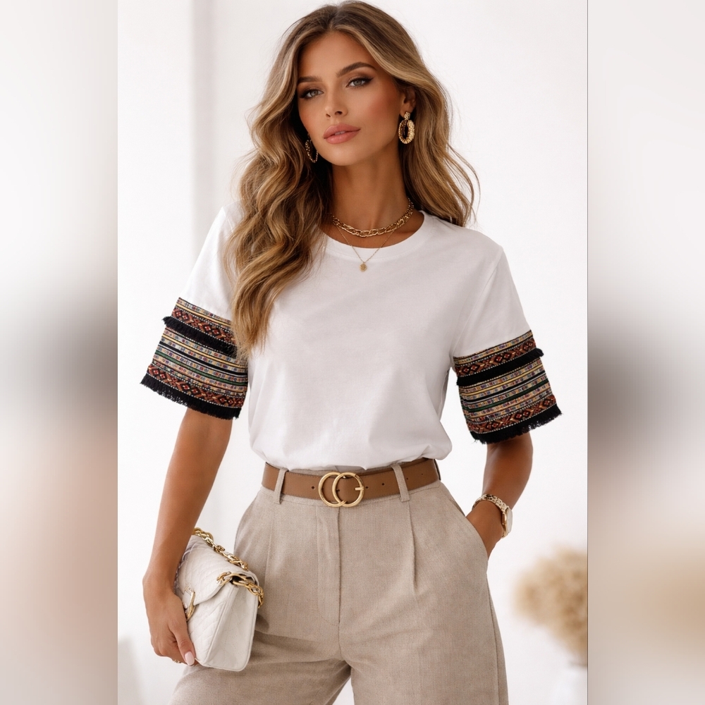 Gianni Bini Embroidered Sleeve White Top, XS